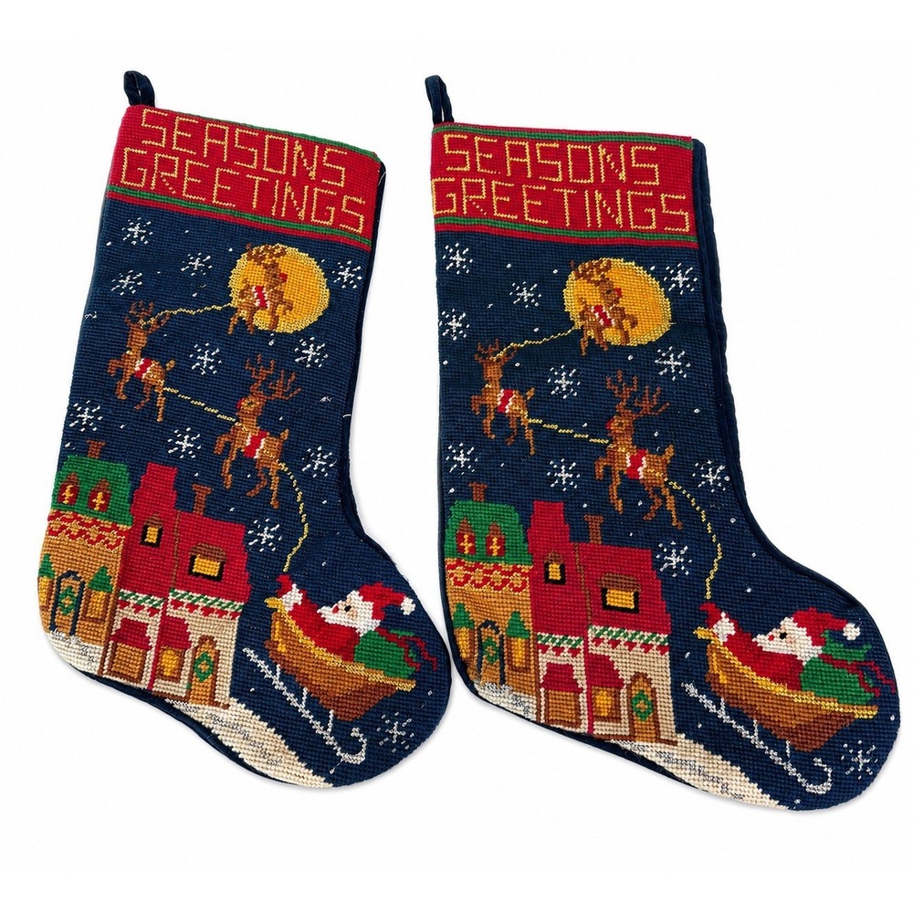 Vintage Pair Needlepoint Christmas Stockings 100% Wool Santa 16"